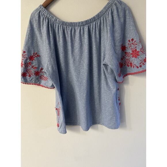 Talbots Off The Shoulder Embroidered Tunic Top Size Large Blue Red Peasant Boho - Picture 5 of 9